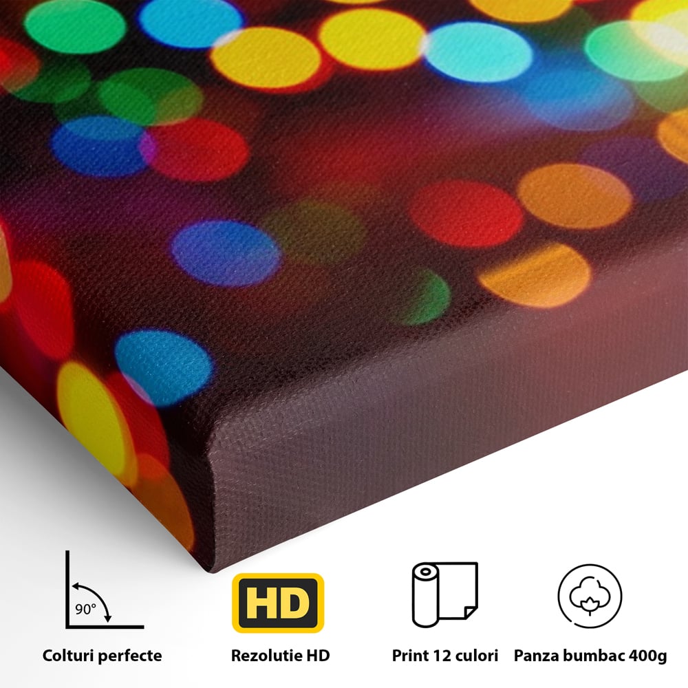 Detaliu al suprafetei: tablou canvas cu lumini bokeh, fara rama, pe sasiu de lemn